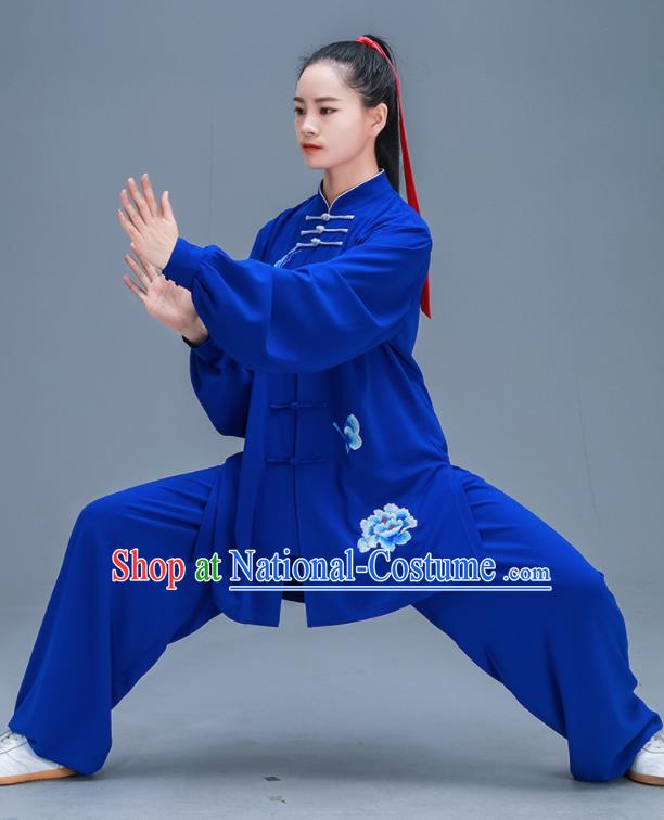 Chinese Traditional Kung Fu Tai Chi Training Embroidered Peony Royalblue Garment Outfits Martial Arts Stage Show Costumes for Women