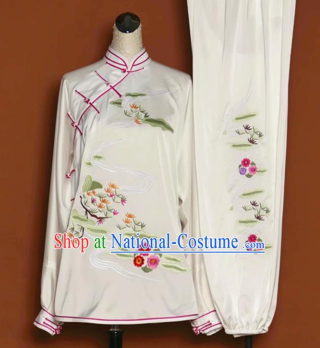 Chinese Tai Chi Embroidered White Silk Garment Outfits Traditional Kung Fu Martial Arts Training Costumes for Women