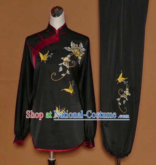 Chinese Tai Chi Embroidered Peony Butterfly Black Silk Garment Outfits Traditional Kung Fu Martial Arts Training Costumes for Women