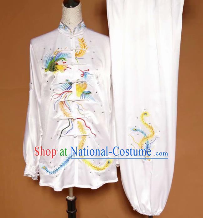 Chinese Tai Chi Embroidered Phoenix White Silk Garment Outfits Traditional Kung Fu Martial Arts Training Costumes for Women