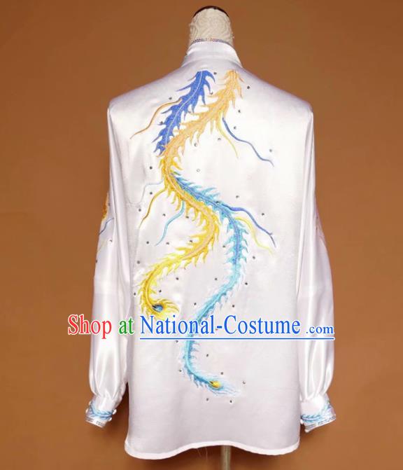 Chinese Tai Chi Embroidered Phoenix White Silk Garment Outfits Traditional Kung Fu Martial Arts Training Costumes for Women