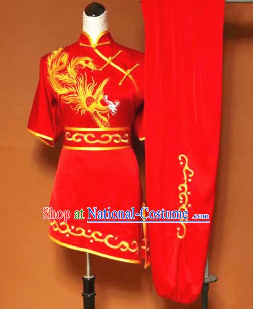 Chinese Tai Chi Embroidered Phoenix Red Garment Outfits Traditional Kung Fu Martial Arts Training Costumes for Women