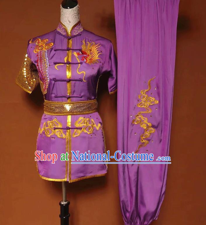 Chinese Tai Chi Changquan Embroidered Dragon Purple Garment Outfits Traditional Kung Fu Martial Arts Costumes for Adult