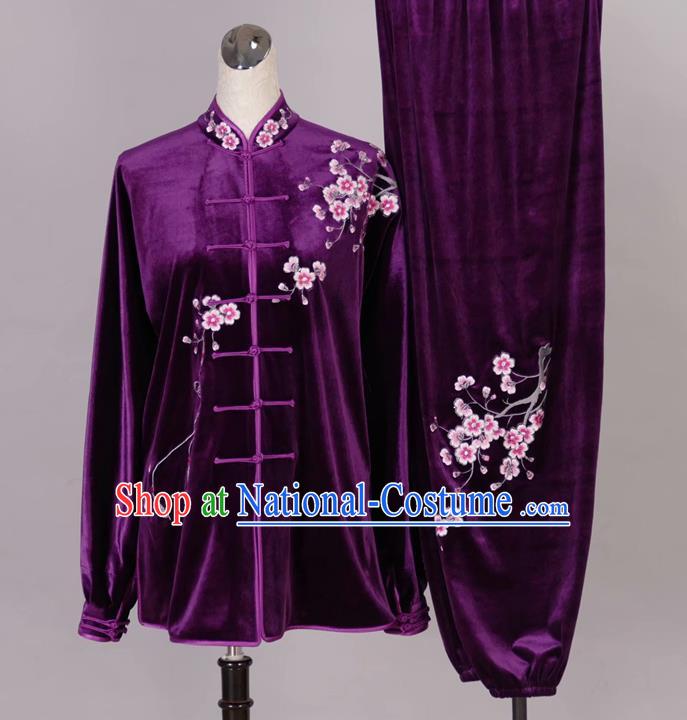 Chinese Tai Chi Embroidered Plum Purple Velvet Garment Outfits Traditional Kung Fu Martial Arts Training Costumes for Adult