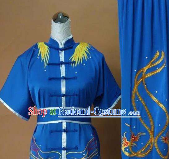 Chinese Tai Chi Changquan Embroidered Phoenix Royalblue Garment Outfits Traditional Kung Fu Martial Arts Costumes for Adult