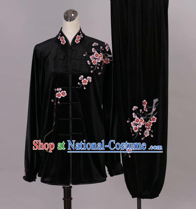 Chinese Tai Chi Embroidered Plum Black Velvet Garment Outfits Traditional Kung Fu Martial Arts Training Costumes for Adult