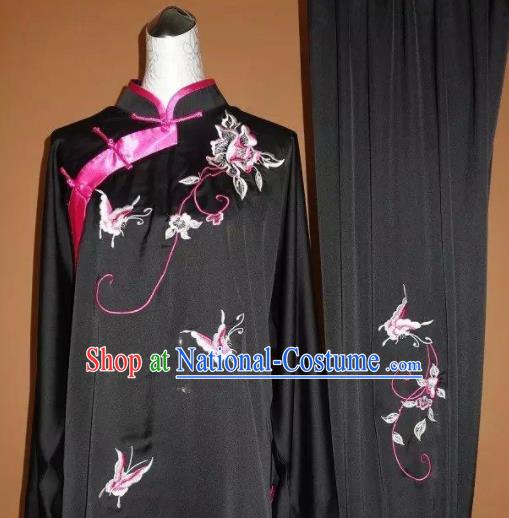 Chinese Tai Chi Embroidered Butterfly Peony Black Garment Outfits Traditional Kung Fu Martial Arts Training Costumes for Women