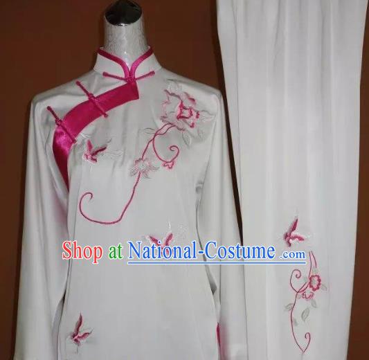 Chinese Tai Chi Embroidered Pink Butterfly Peony Garment Outfits Traditional Kung Fu Martial Arts Training Costumes for Women