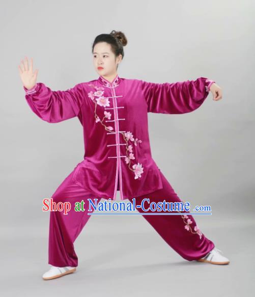 Chinese Tai Chi Embroidered Magnolia Rosy Velvet Garment Outfits Traditional Kung Fu Martial Arts Training Costumes for Adult