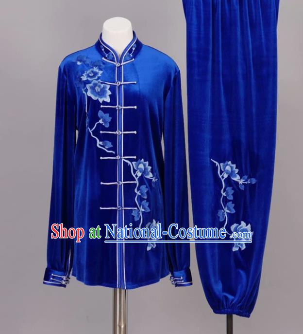 Chinese Tai Chi Embroidered Magnolia Royalblue Velvet Garment Outfits Traditional Kung Fu Martial Arts Training Costumes for Adult