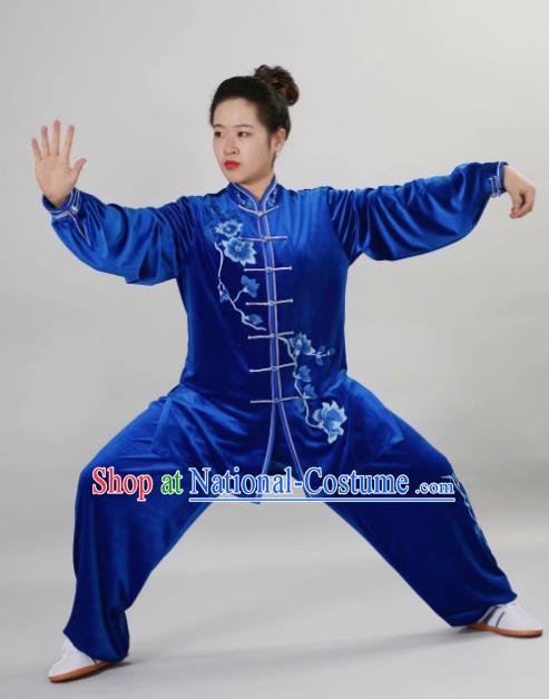 Chinese Tai Chi Embroidered Magnolia Royalblue Velvet Garment Outfits Traditional Kung Fu Martial Arts Training Costumes for Adult