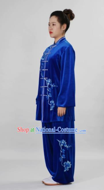 Chinese Tai Chi Embroidered Magnolia Royalblue Velvet Garment Outfits Traditional Kung Fu Martial Arts Training Costumes for Adult