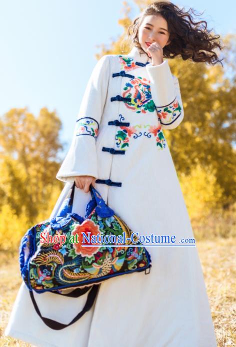 Chinese Traditional Embroidered Butterfly White Dust Coat National Overcoat Costumes for Women