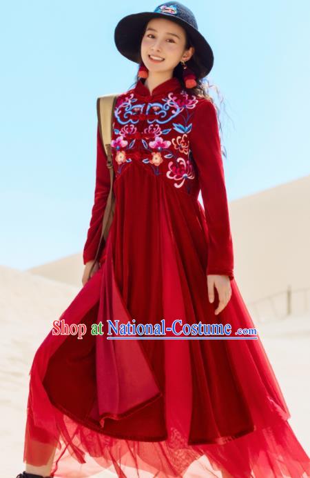 Chinese Traditional Embroidered Wine Red Qipao Dress National Tang Suit Costumes for Women