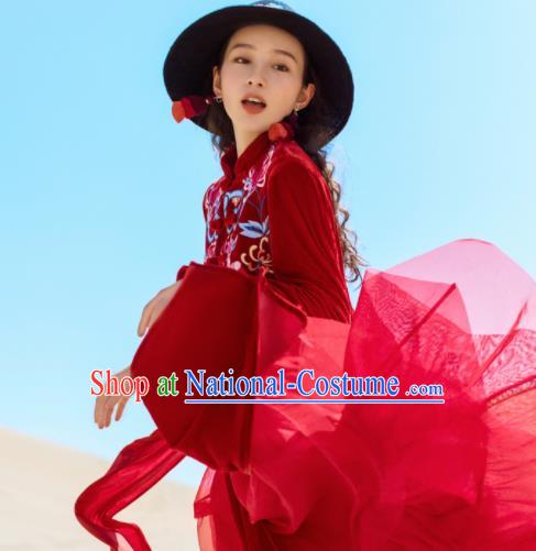 Chinese Traditional Embroidered Wine Red Qipao Dress National Tang Suit Costumes for Women