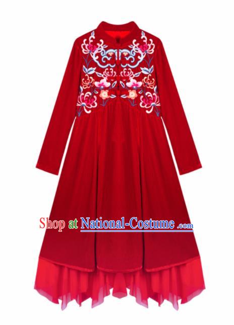 Chinese Traditional Embroidered Wine Red Qipao Dress National Tang Suit Costumes for Women