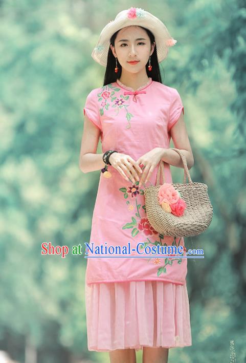 Chinese Traditional Embroidered Peony Pink Qipao Dress National Tang Suit Cheongsam Costumes for Women