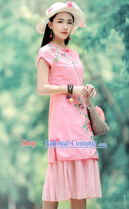 Chinese Traditional Embroidered Peony Pink Qipao Dress National Tang Suit Cheongsam Costumes for Women