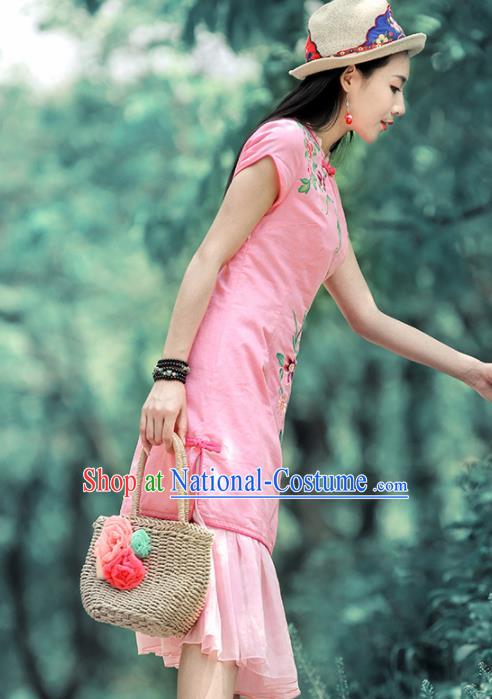 Chinese Traditional Embroidered Peony Pink Qipao Dress National Tang Suit Cheongsam Costumes for Women