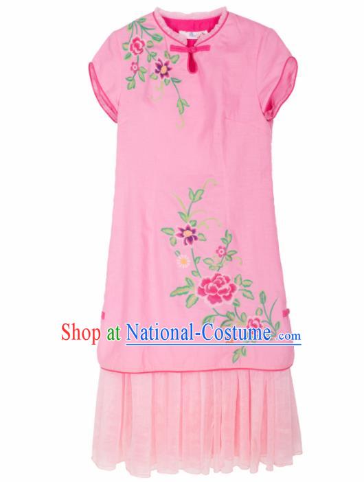 Chinese Traditional Embroidered Peony Pink Qipao Dress National Tang Suit Cheongsam Costumes for Women