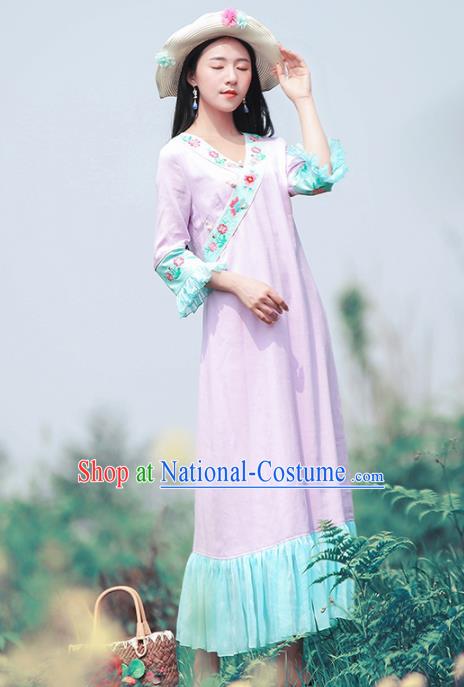 Chinese Traditional Embroidered Lilac Dress National Tang Suit Cheongsam Costumes for Women