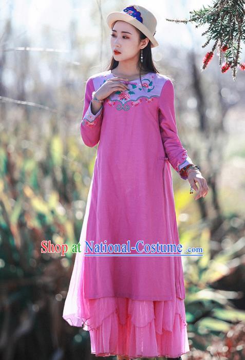 Chinese Traditional Embroidered Rosy Dress National Tang Suit Cheongsam Costumes for Women