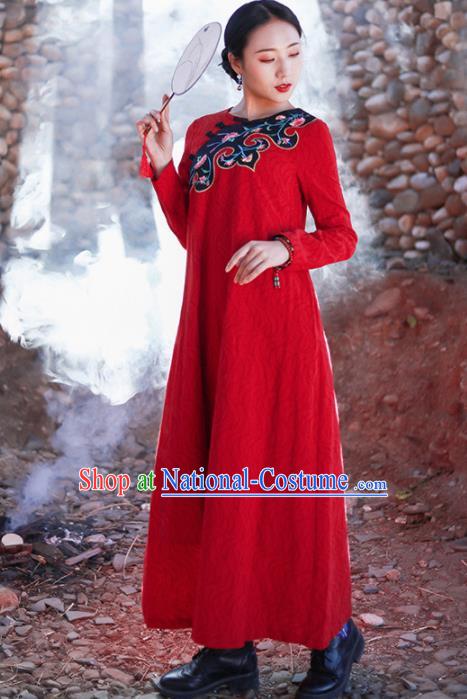 Chinese Traditional Embroidered Red Qipao Dress National Tang Suit Cheongsam Costumes for Women