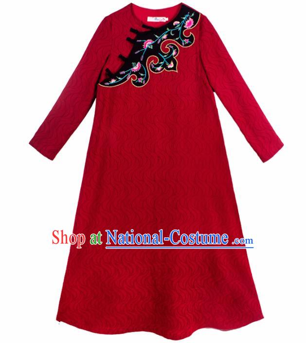 Chinese Traditional Embroidered Red Qipao Dress National Tang Suit Cheongsam Costumes for Women