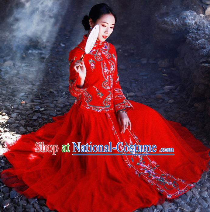 Chinese Traditional Embroidered Red Blouse and Skirt National Tang Suit Cheongsam Costumes for Women