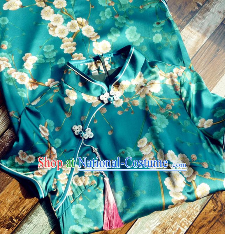 Chinese Traditional Printing Pear Flowers Deep Green Silk Qipao Dress National Tang Suit Cheongsam Costumes for Women