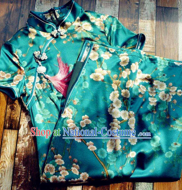 Chinese Traditional Printing Pear Flowers Deep Green Silk Qipao Dress National Tang Suit Cheongsam Costumes for Women