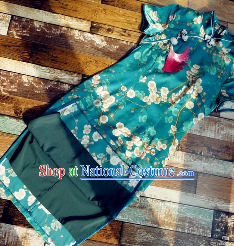 Chinese Traditional Printing Pear Flowers Deep Green Silk Qipao Dress National Tang Suit Cheongsam Costumes for Women