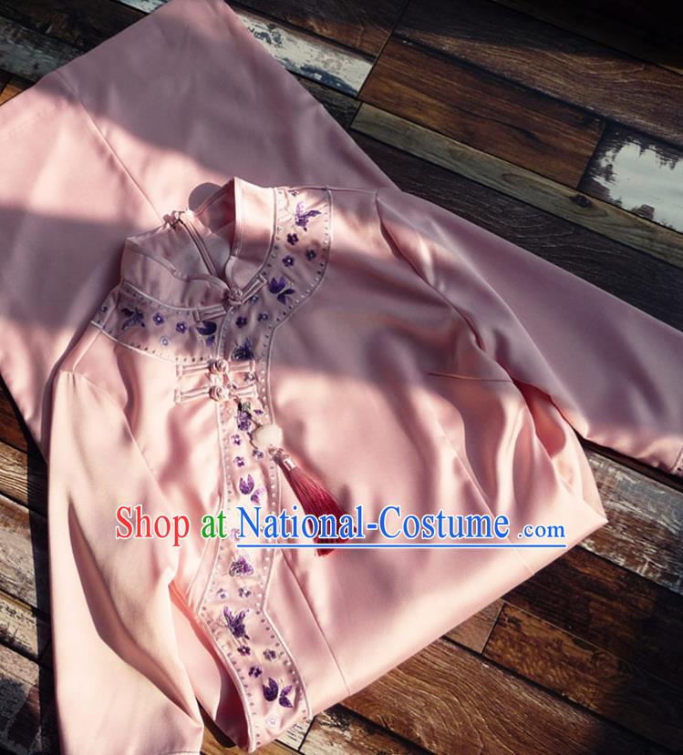 Chinese Traditional Embroidered Pink Qipao Dress National Tang Suit Cheongsam Costumes for Women