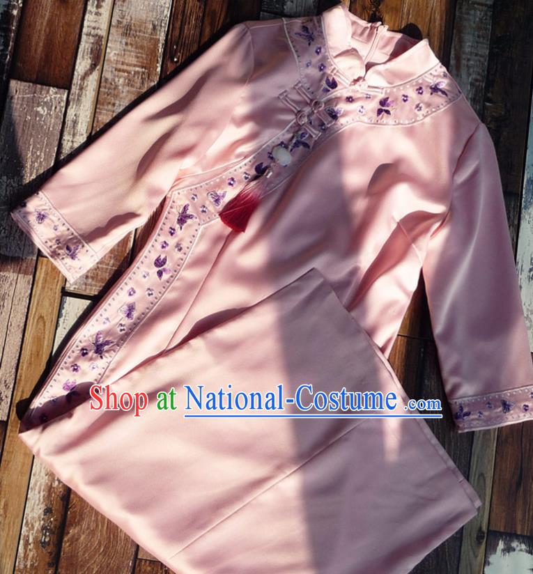 Chinese Traditional Embroidered Pink Qipao Dress National Tang Suit Cheongsam Costumes for Women