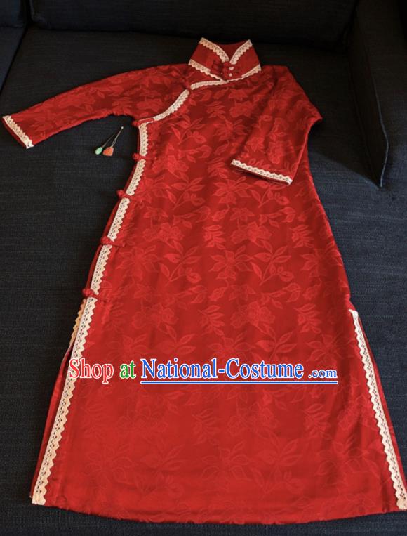 Chinese Traditional Jacquard Red Silk Qipao Dress National Tang Suit Cheongsam Costumes for Women