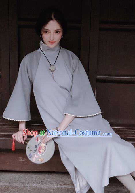 Chinese Traditional Grey Woolen Qipao Dress National Tang Suit Cheongsam Costumes for Women