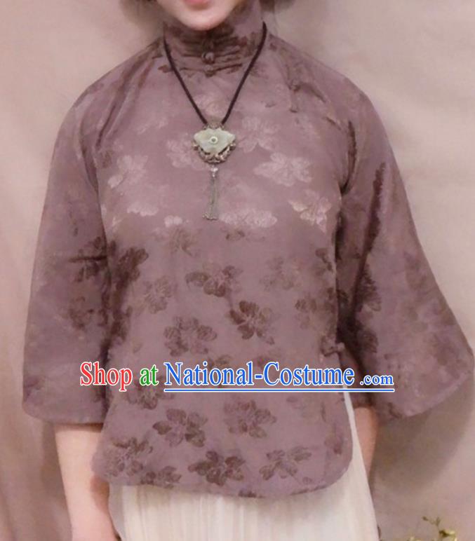 Chinese Traditional Tang Suit Deep Purple Stand Collar Shirt National Upper Outer Garment Blouse Costume for Women