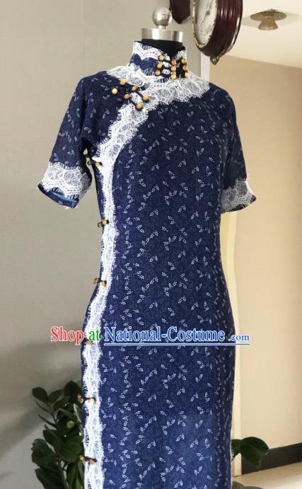 Chinese Traditional Navy Qipao Dress National Tang Suit Cheongsam Costumes for Women