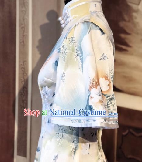 Chinese Traditional Printing Flowers Silk Qipao Dress National Tang Suit Cheongsam Costumes for Women