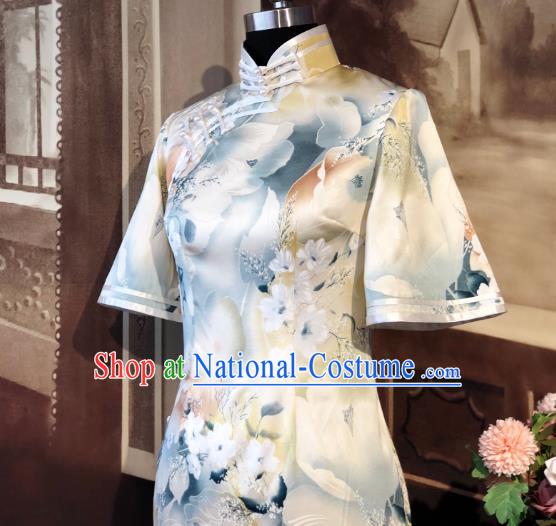 Chinese Traditional Printing Flowers Silk Qipao Dress National Tang Suit Cheongsam Costumes for Women