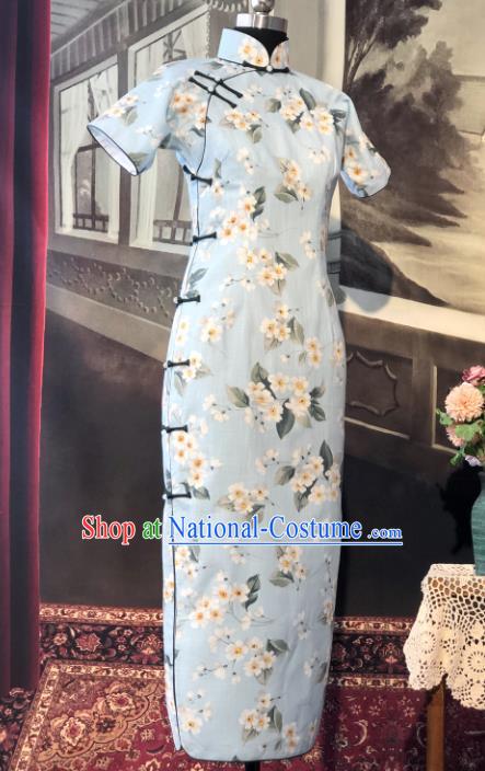 Chinese Traditional Printing Flowers Blue Qipao Dress National Tang Suit Cheongsam Costumes for Women