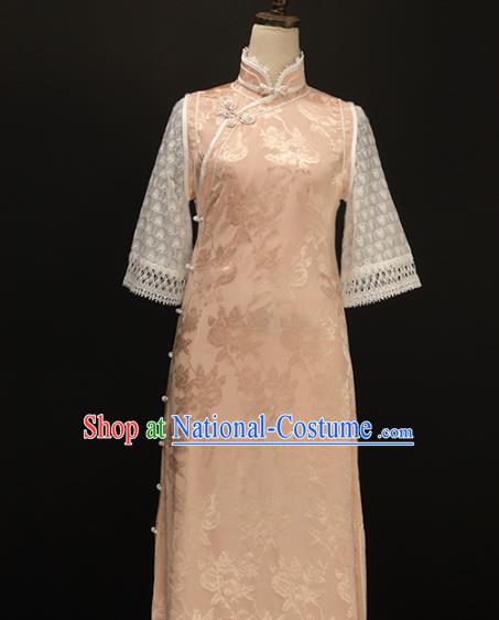 Chinese Traditional Jacquard Pink Qipao Dress National Tang Suit Cheongsam Costumes for Women