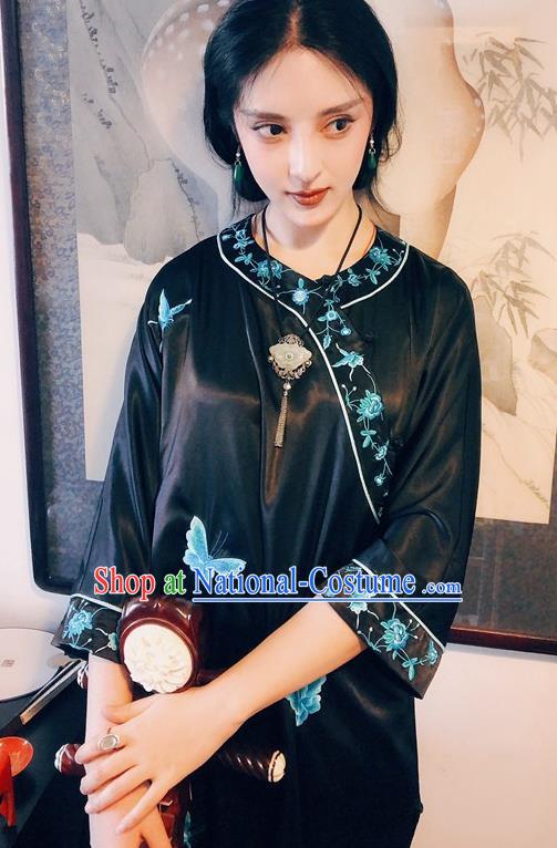 Chinese Traditional Embroidered Butterfly Black Qipao Dress National Tang Suit Cheongsam Costumes for Women