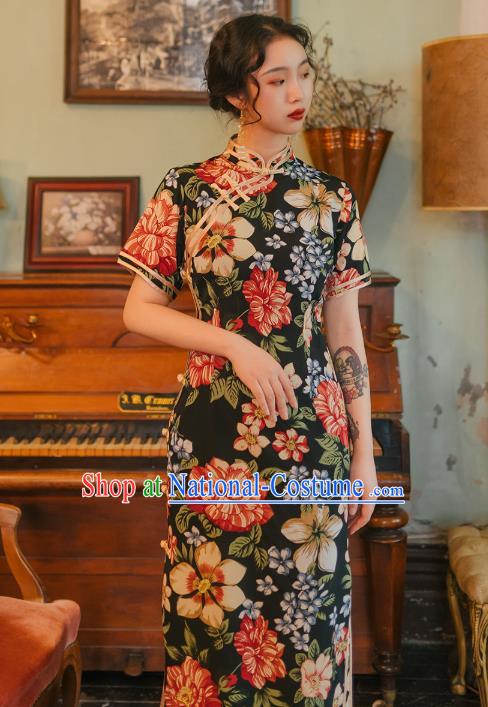 Chinese Traditional Retro Printing Black Qipao Dress National Tang Suit Cheongsam Costumes for Women