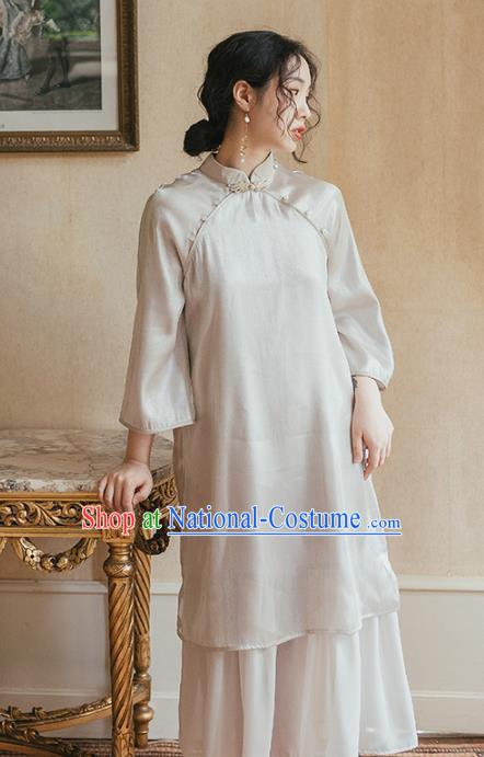 Chinese Traditional Retro Light Grey Qipao Dress National Tang Suit Cheongsam Costumes for Women