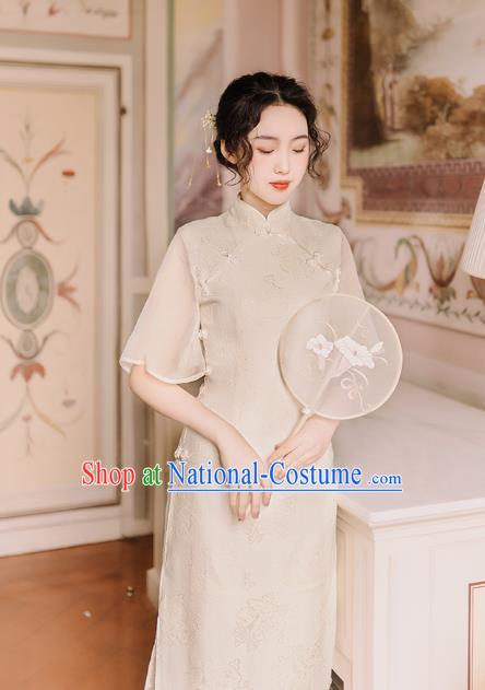 Chinese Traditional Retro Qipao Dress National Tang Suit Beige Cheongsam Costumes for Women