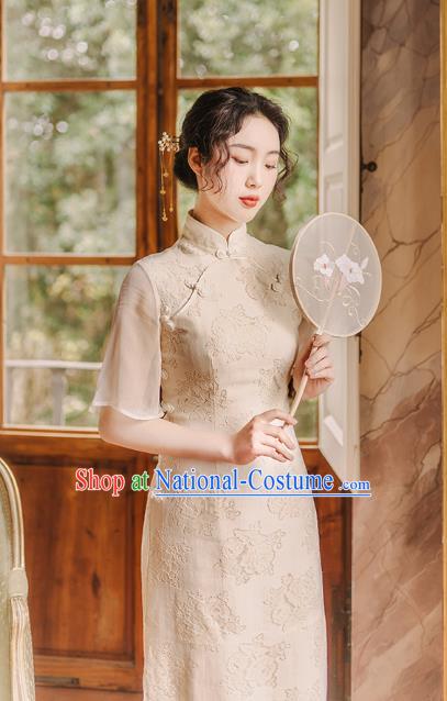 Chinese Traditional Retro Qipao Dress National Tang Suit Beige Cheongsam Costumes for Women