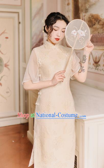 Chinese Traditional Retro Qipao Dress National Tang Suit Beige Cheongsam Costumes for Women