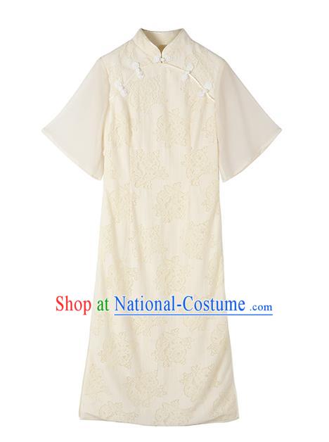 Chinese Traditional Retro Qipao Dress National Tang Suit Beige Cheongsam Costumes for Women