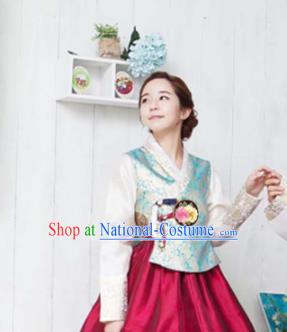 Korean Traditional Bride Hanbok Blue Satin Blouse and Wine Red Dress Garment Asian Korea Fashion Costume for Women